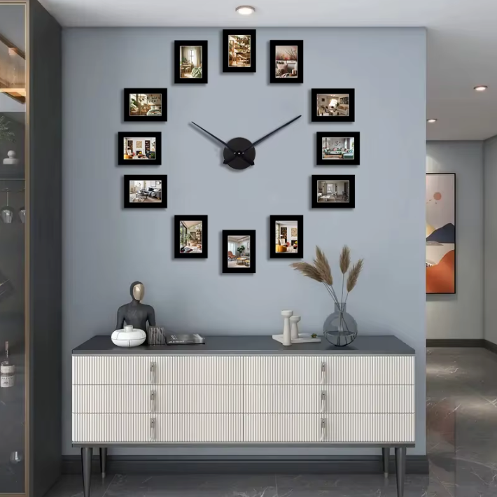 Horloge Murale Métal 120 cm avec Cadres Photo — Silencieuse