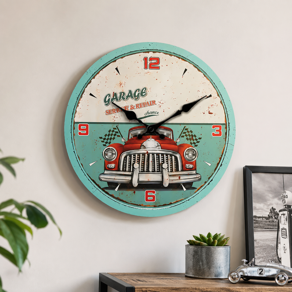 Horloge Murale Rétro Garage Bois Silencieuse – 25, 30, 35, 40 cm
