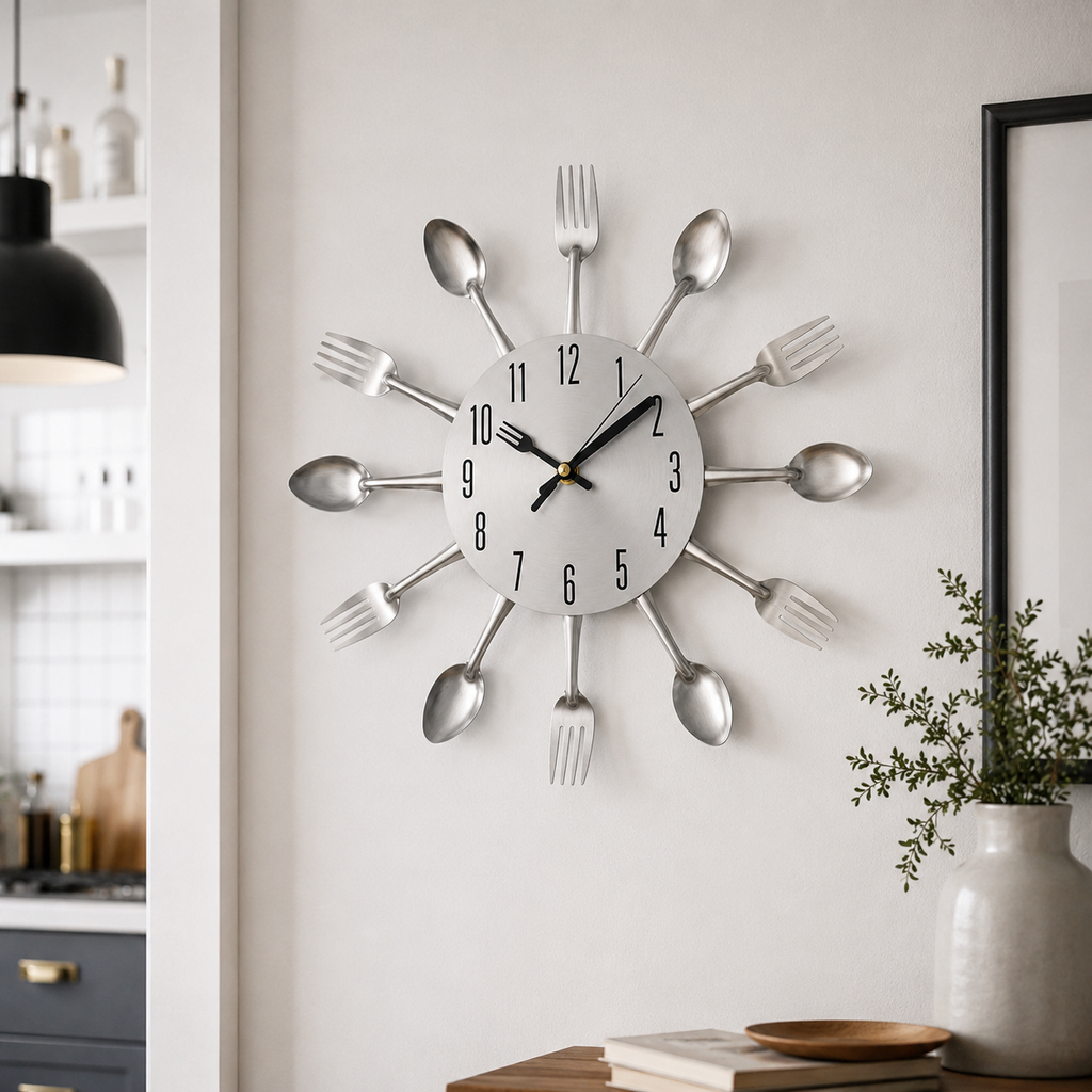 Horloge Murale Cuisine Couverts Métal Silencieuse – 32 cm