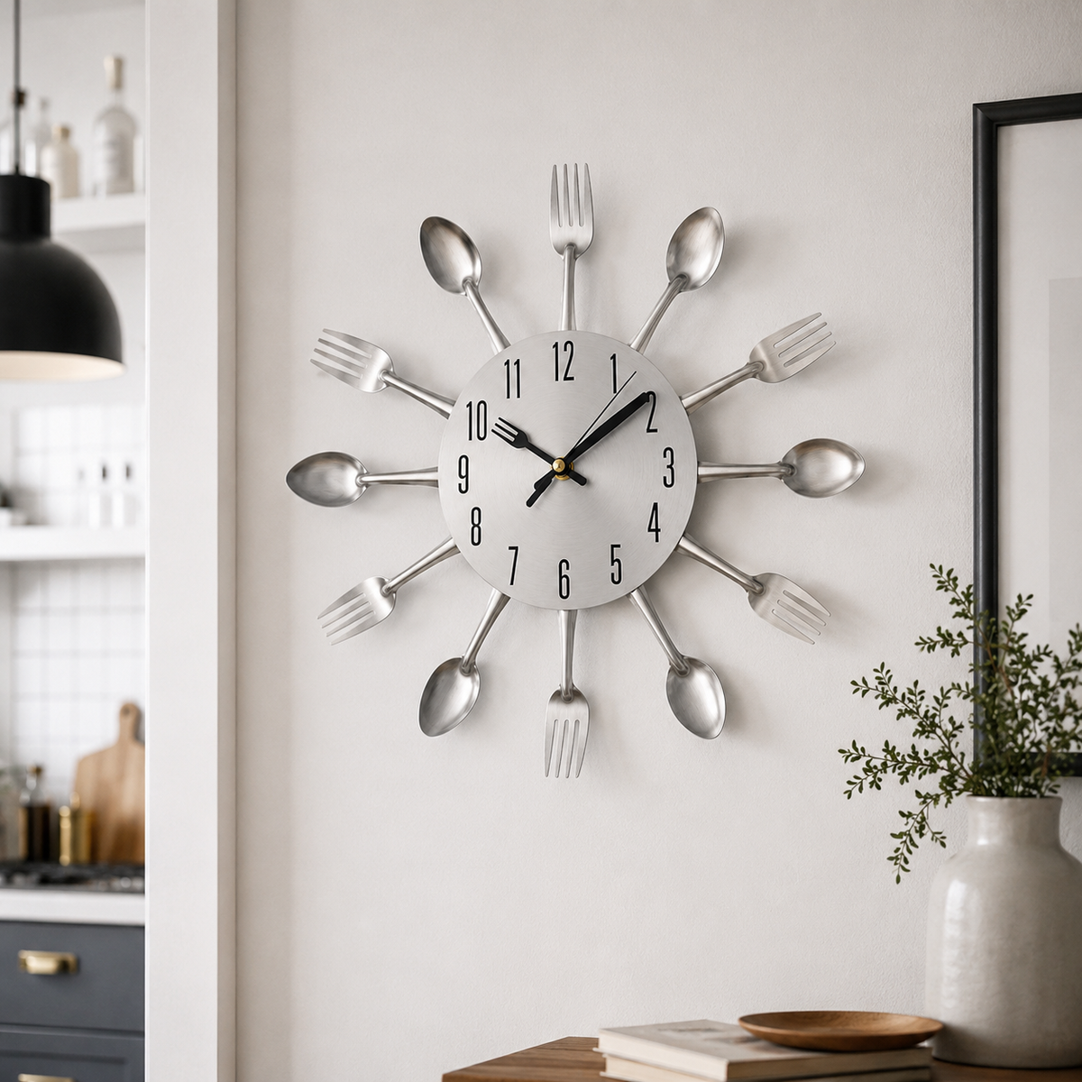 Horloge Murale Cuisine Couverts Métal Silencieuse – 32 cm