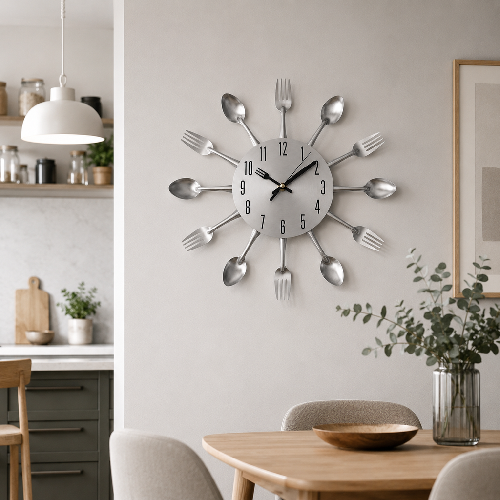 Horloge Murale Cuisine Couverts Métal Silencieuse – 32 cm