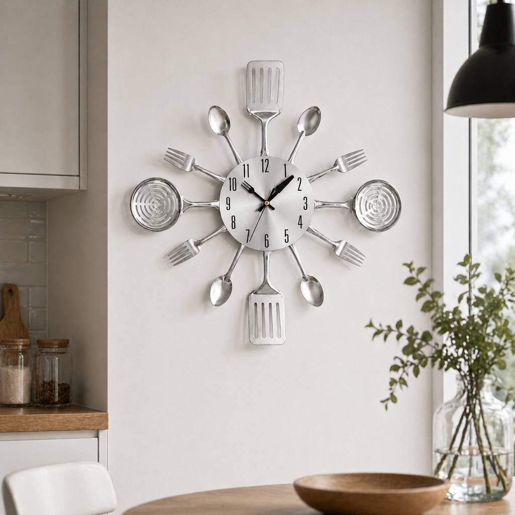 Horloge Murale Cuisine Ustensiles Acier Silencieuse – 36 cm – 2 Modèles