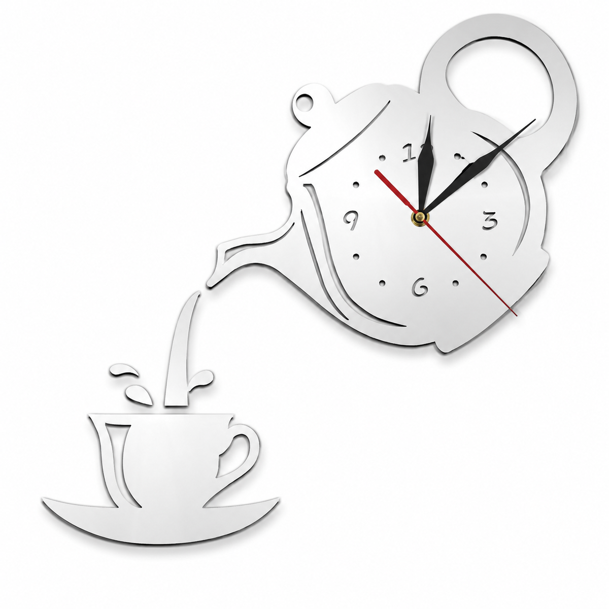 Horloge Murale Théière Acrylique Miroir 40cm Mécanisme Silencieux 3 Modèles