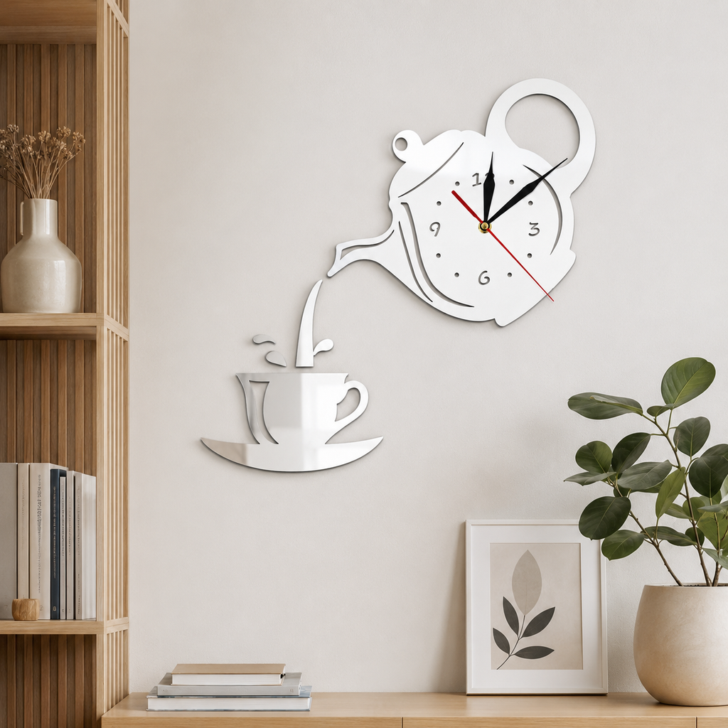 Horloge Murale Théière Acrylique Miroir 40cm Mécanisme Silencieux 3 Modèles