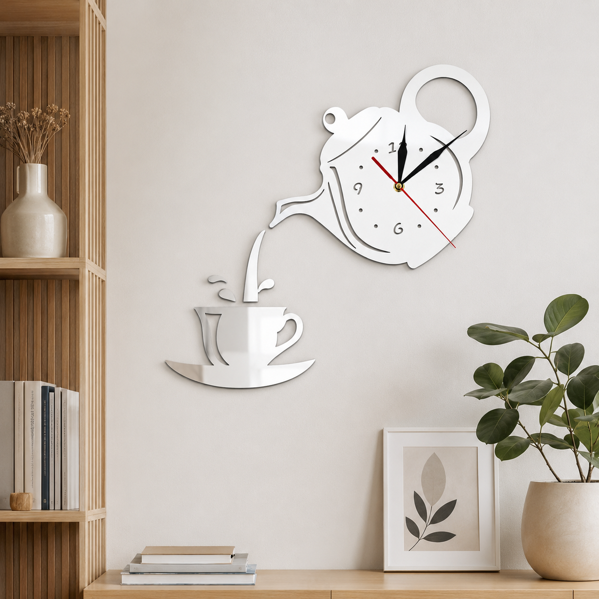 Horloge Murale Théière Acrylique Miroir 40cm Mécanisme Silencieux 3 Modèles