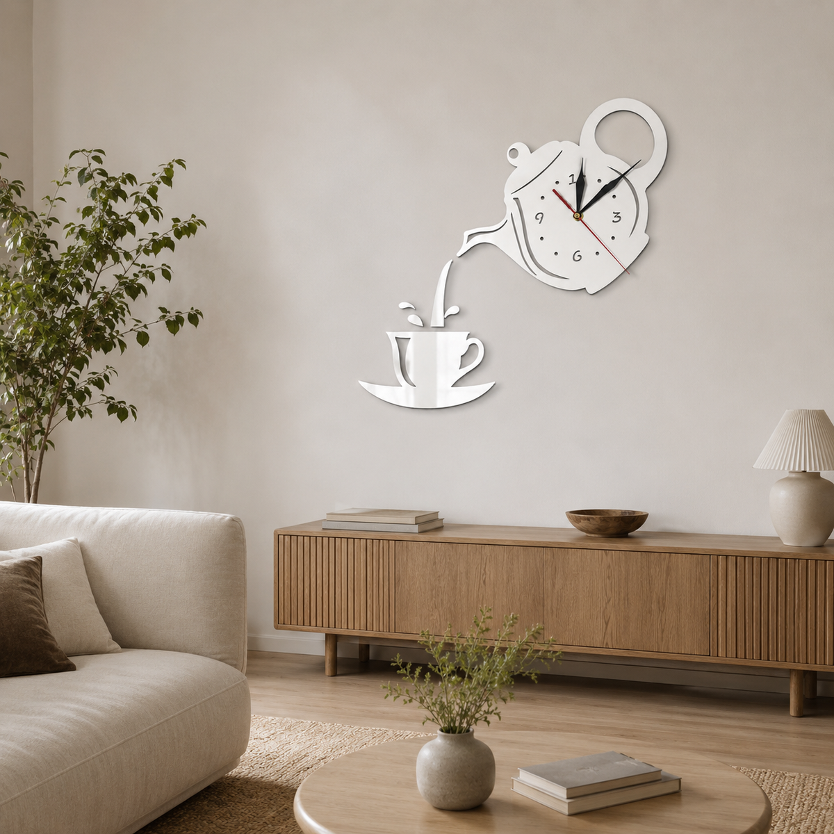 Horloge Murale Théière Acrylique Miroir 40cm Mécanisme Silencieux 3 Modèles