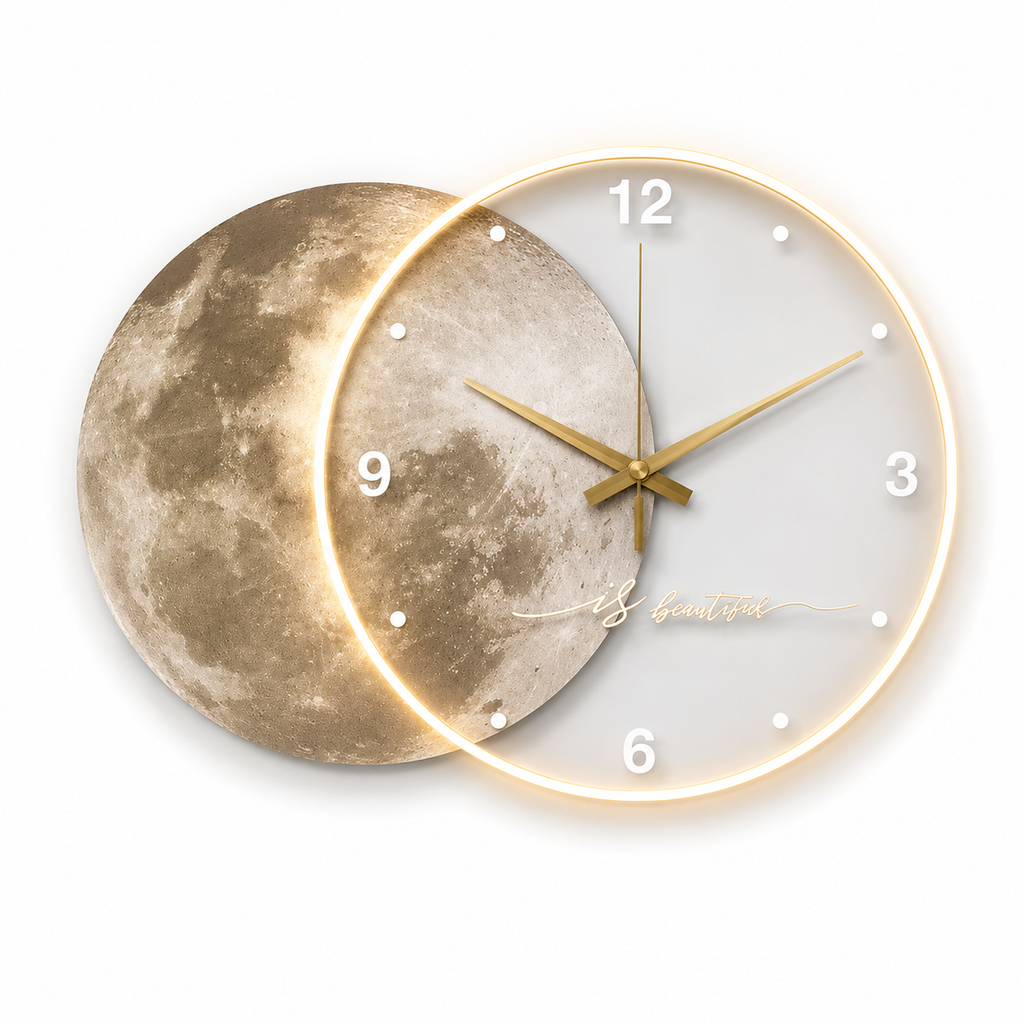 Horloge Murale Acrylique Motif Lune 50cm Mécanisme Silencieux LED ou Sans LED
