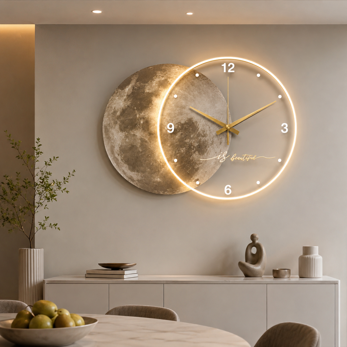 Horloge Murale Acrylique Motif Lune 50cm Mécanisme Silencieux LED ou Sans LED
