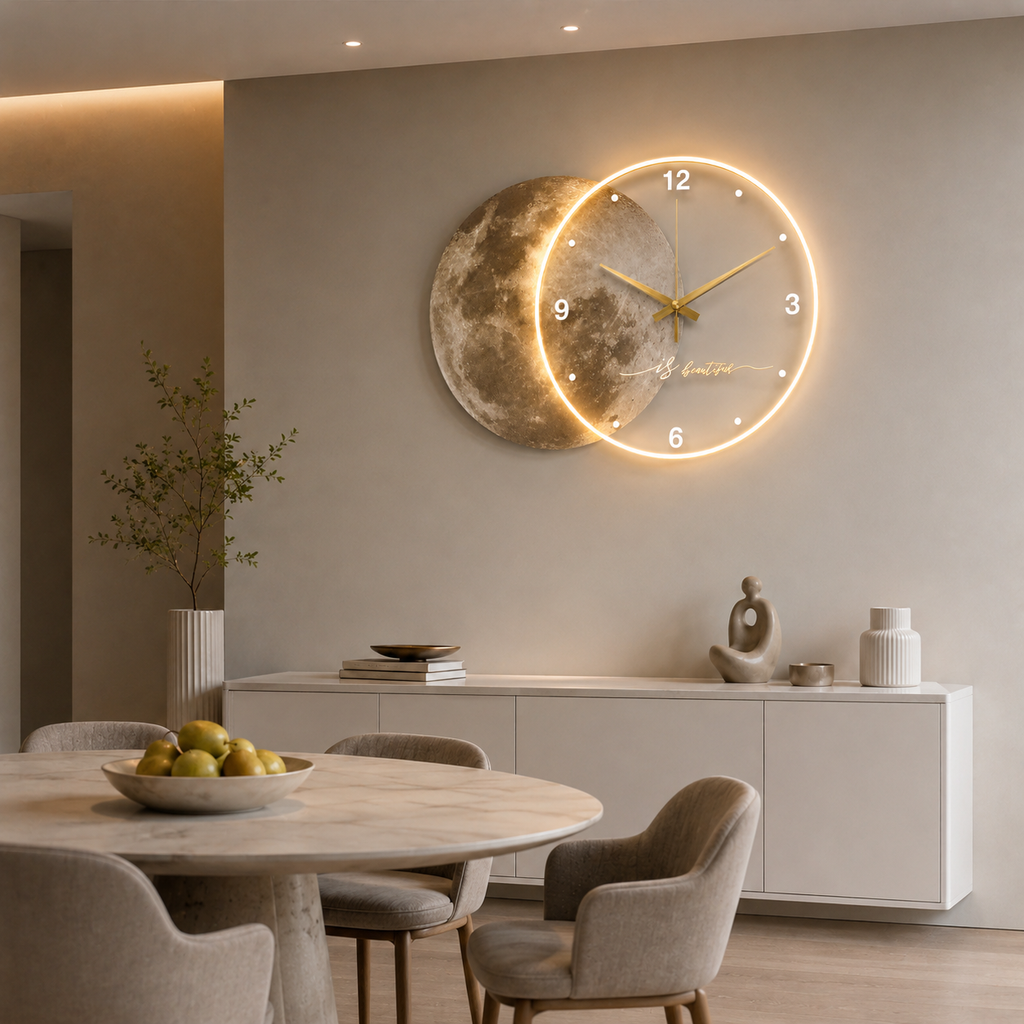 Horloge Murale Acrylique Motif Lune 50cm Mécanisme Silencieux LED ou Sans LED
