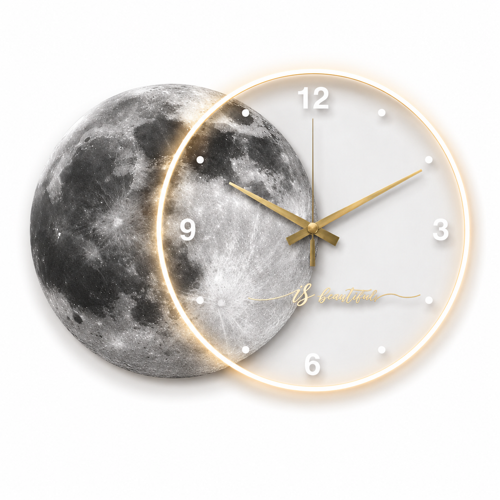 Horloge Murale Acrylique Motif Lune 50cm Mécanisme Silencieux LED ou Sans LED