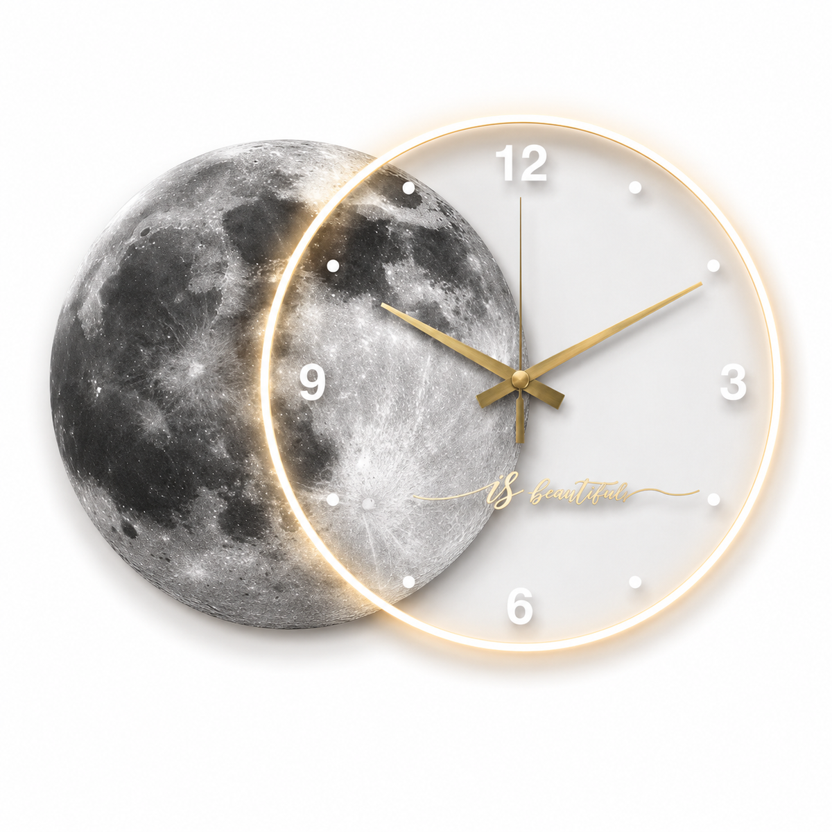 Horloge Murale Acrylique Motif Lune 50cm Mécanisme Silencieux LED ou Sans LED