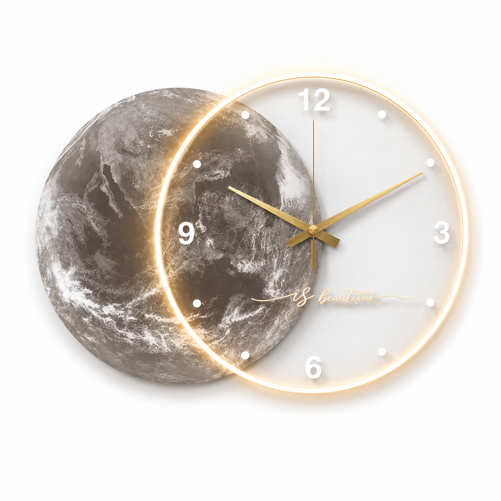 Horloge Murale Acrylique Motif Lune 50cm Mécanisme Silencieux LED ou Sans LED