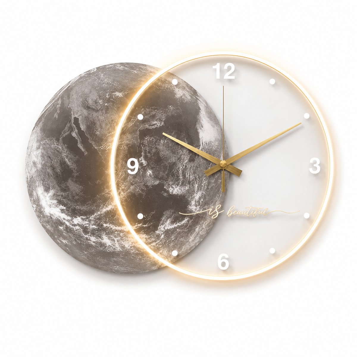 Horloge Murale Acrylique Motif Lune 50cm Mécanisme Silencieux LED ou Sans LED