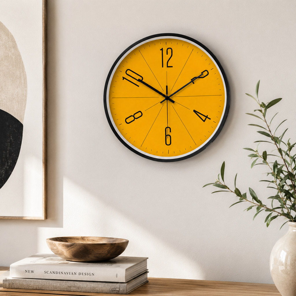 Horloge Murale Ronde 25cm et 30cm Cadran Jaune Moutarde 2 Modèles