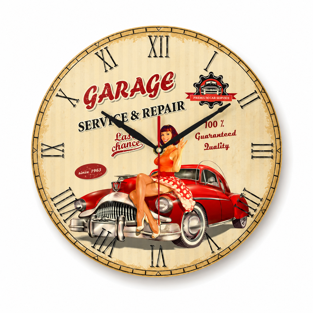 Horloge Murale Vintage Motif Garage Rétro 30cm et 38cm