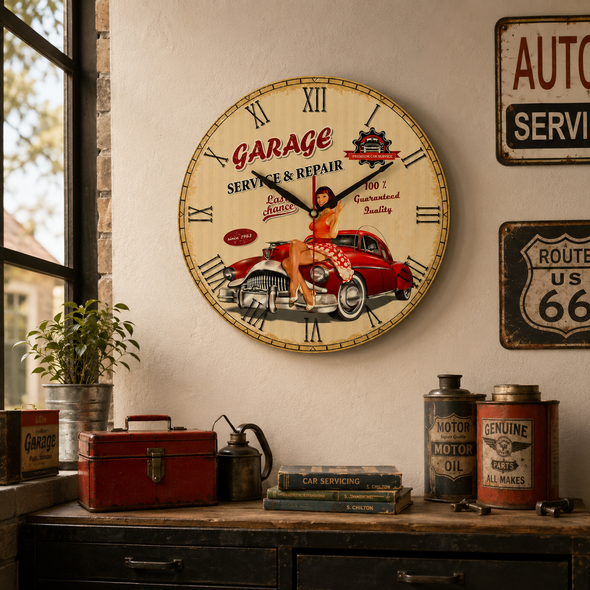 Horloge Murale Vintage Motif Garage Rétro 30cm et 38cm