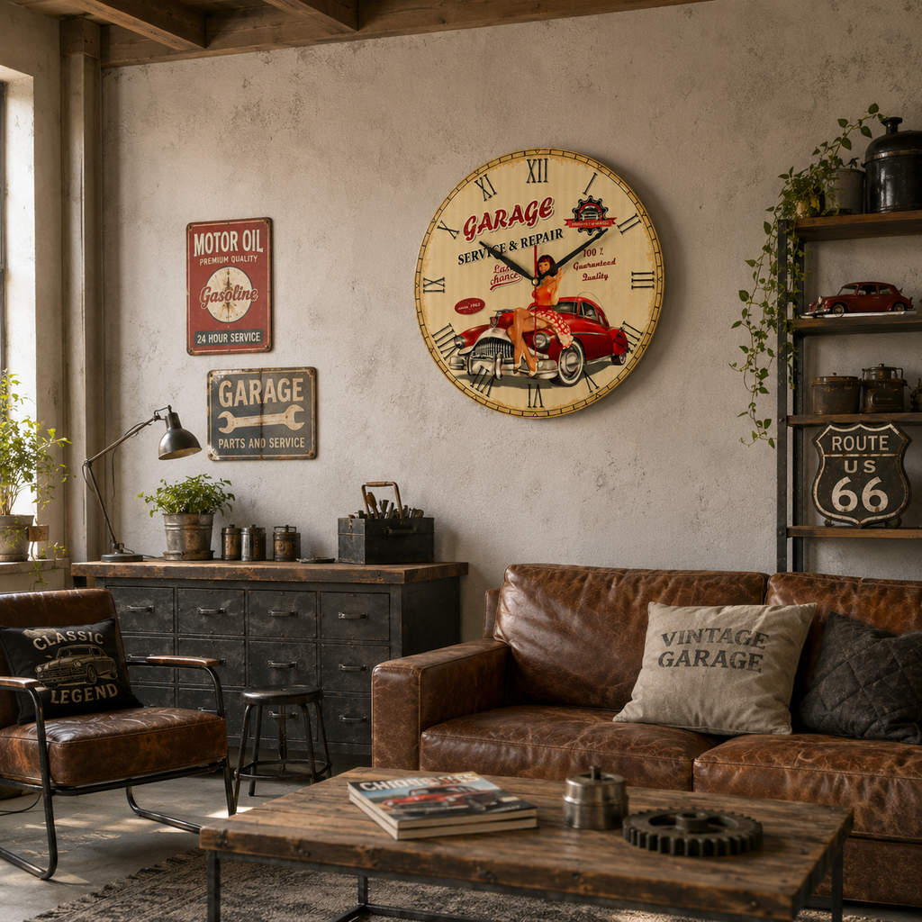 Horloge Murale Vintage Motif Garage Rétro 30cm et 38cm