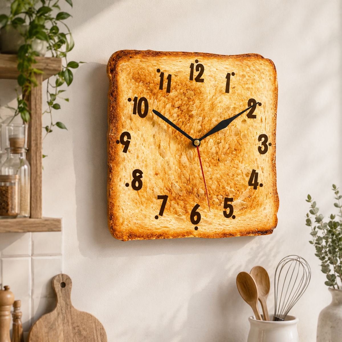 Horloge Murale Cuisine Motif Pain Grillé Carré 30cm