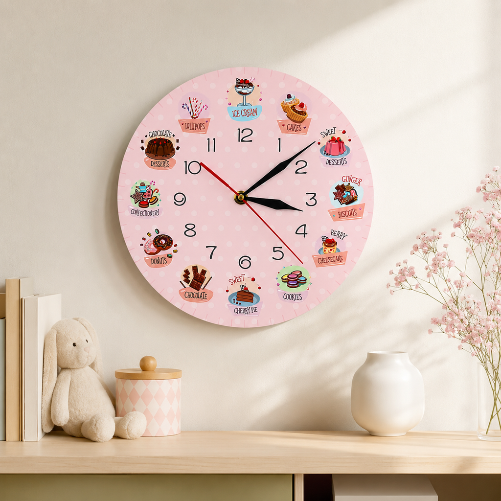 Horloge Murale Cuisine Motif Pâtisserie Rose 30cm