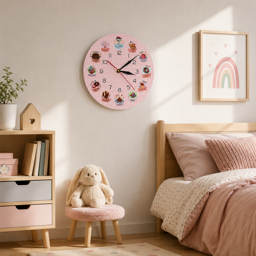 Horloge Murale Cuisine Motif Pâtisserie Rose 30cm