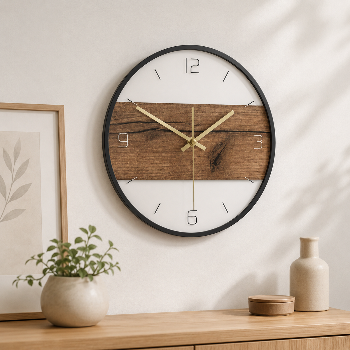 Horloge Murale Ronde Motif Bois Rustique 30cm