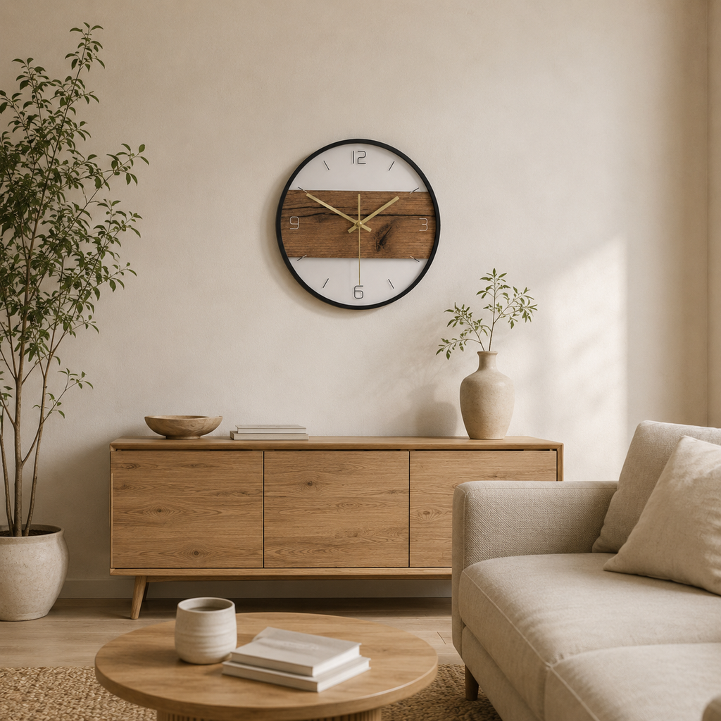Horloge Murale Ronde Motif Bois Rustique 30cm