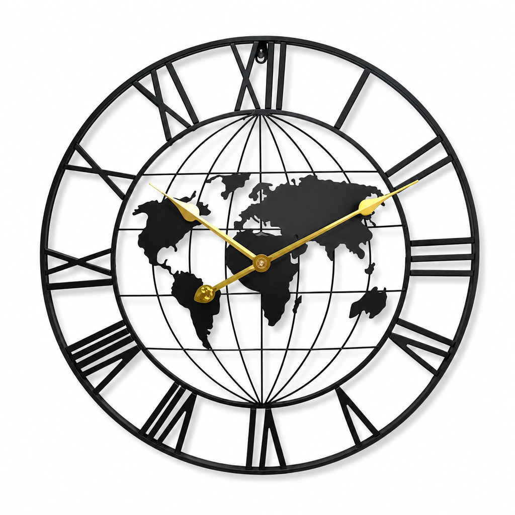Grande Horloge Murale Métal Fer Motif Mappemonde 60cm