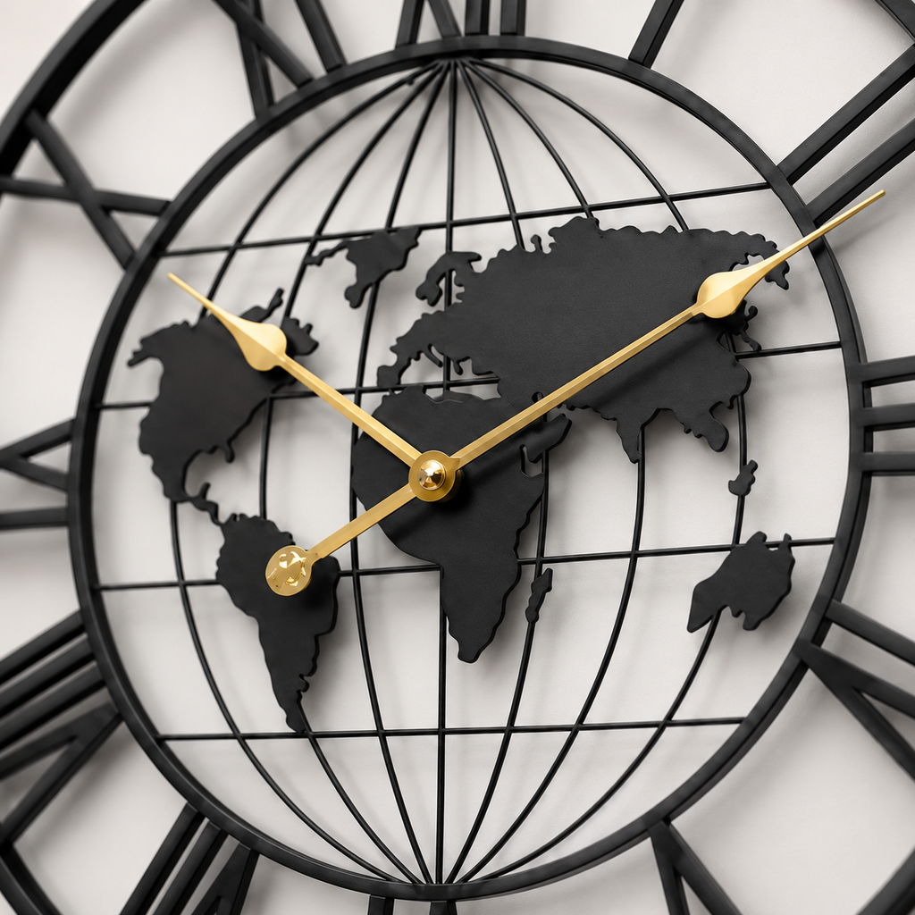Grande Horloge Murale Métal Fer Motif Mappemonde 60cm
