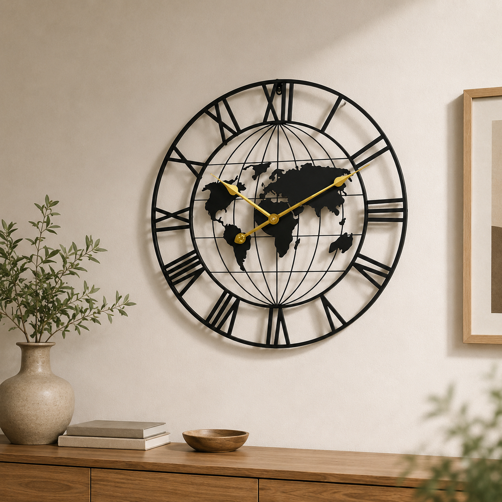 Grande Horloge Murale Métal Fer Motif Mappemonde 60cm