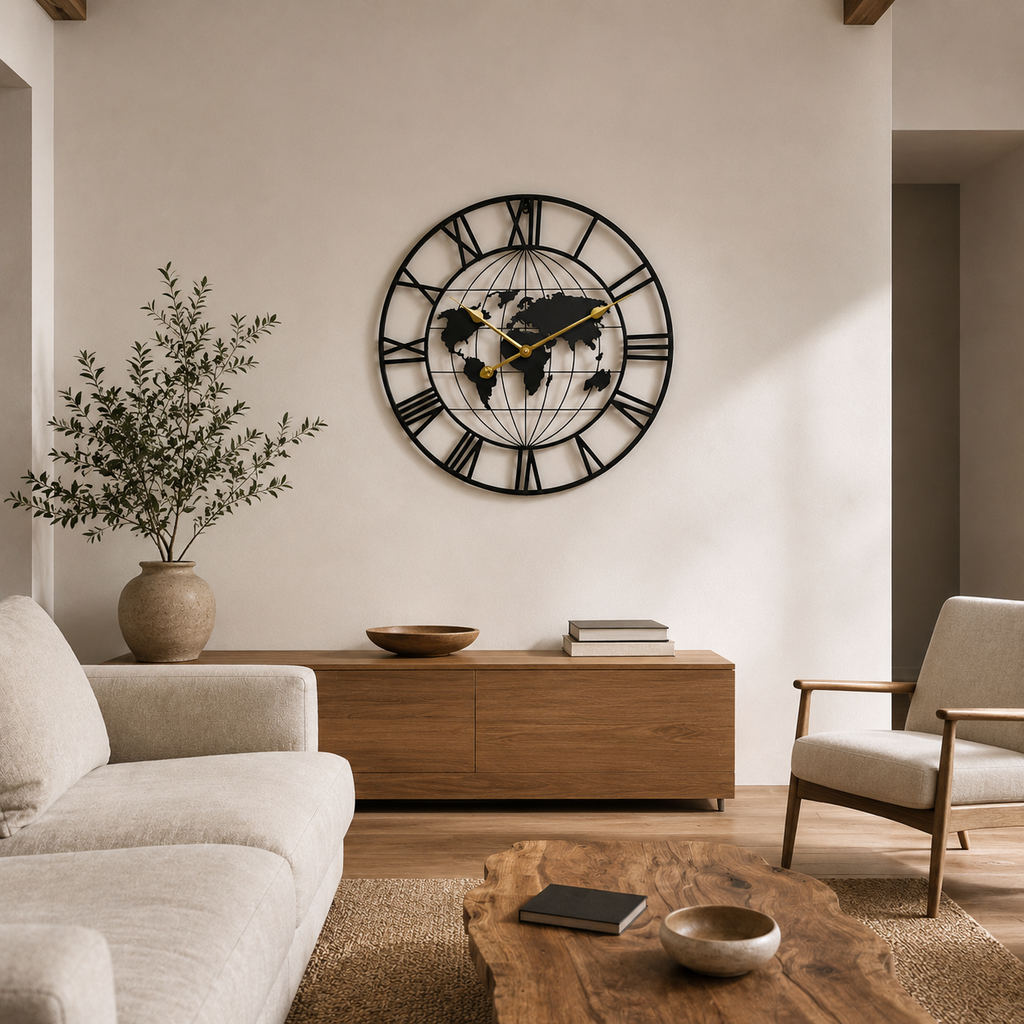 Grande Horloge Murale Métal Fer Motif Mappemonde 60cm