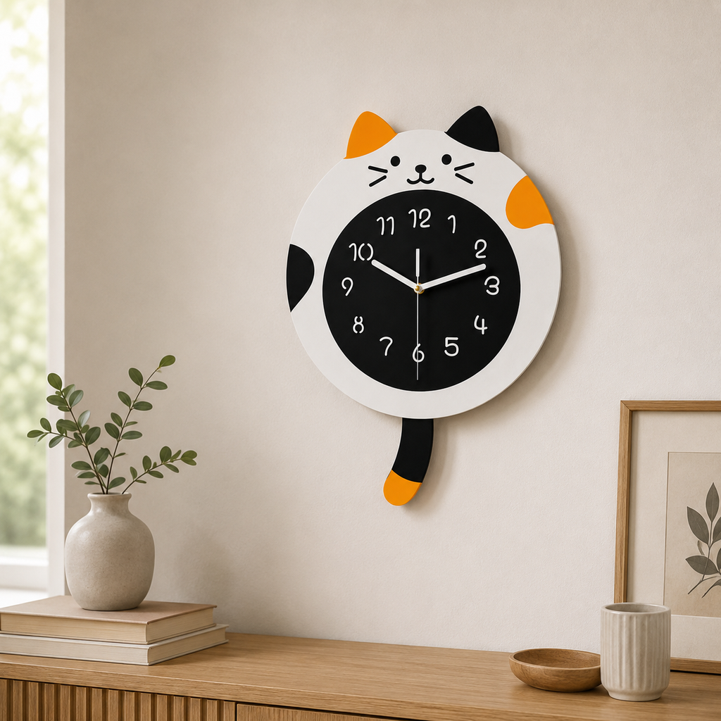 Horloge Murale Chat Acrylique 29,5 × 40 cm Pendule Oscillant Mouvement Quartz — 2 Modèles