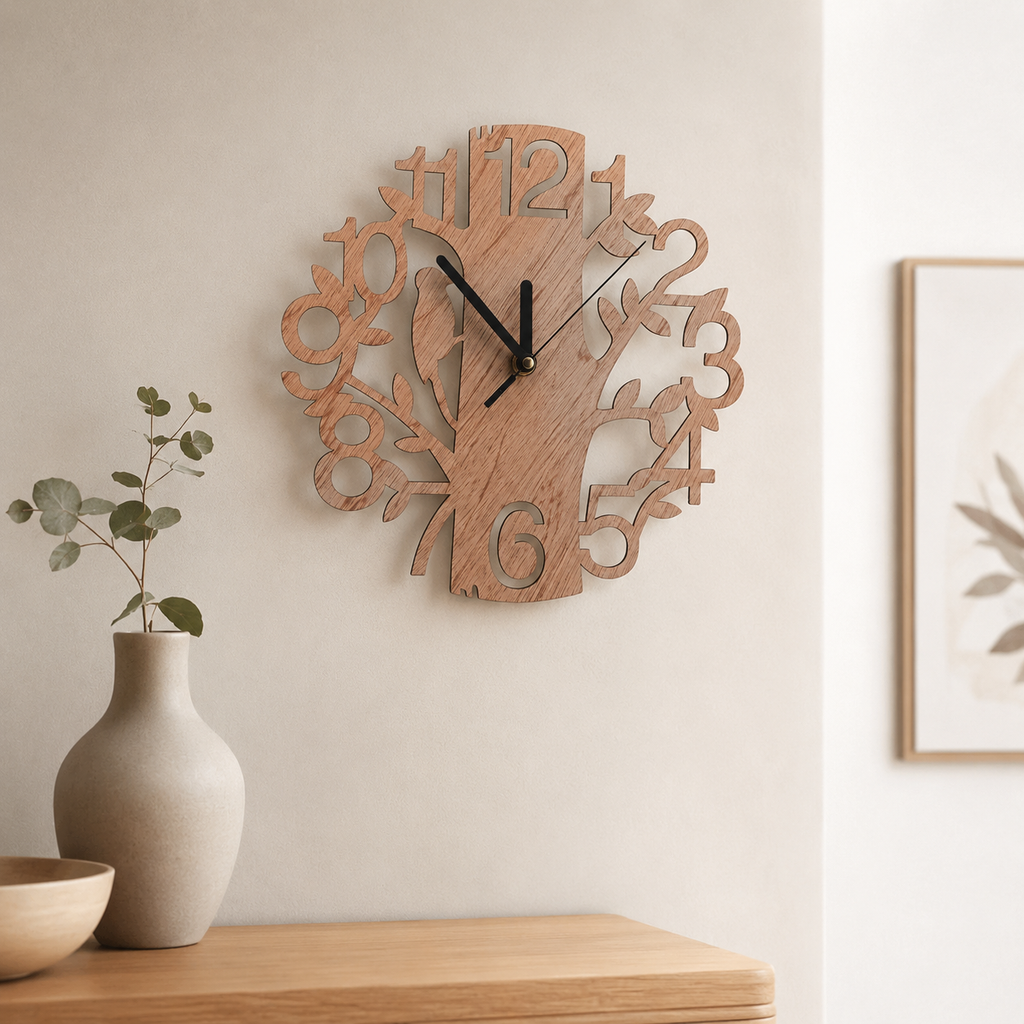 Horloge Murale Arbre Bois 22 cm Découpe Ajourée Mouvement Quartz