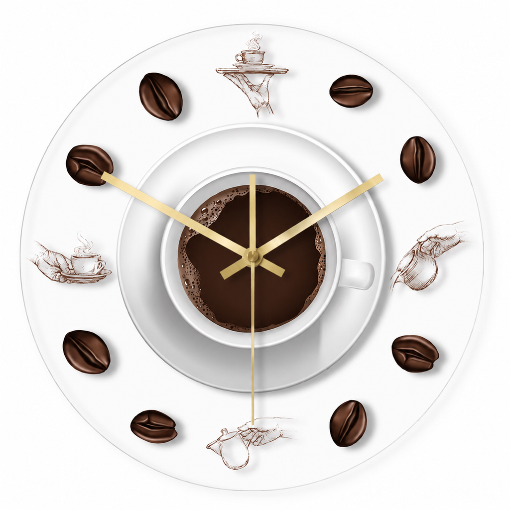 Horloge Murale Cuisine Café Acrylique 30 cm Aiguilles Métal Doré — 2 Modèles