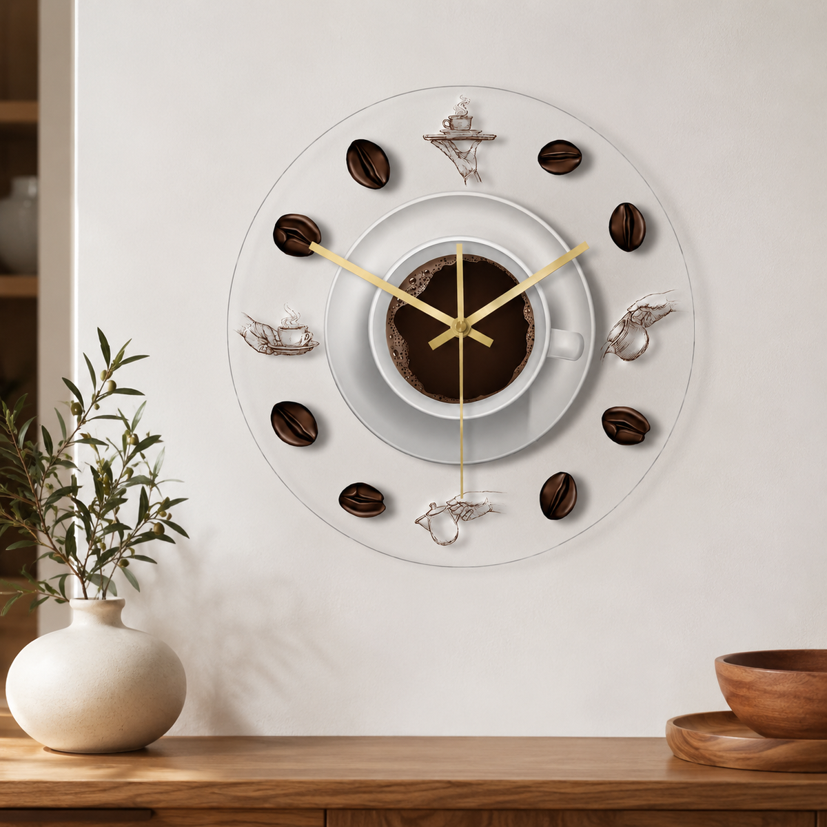Horloge Murale Cuisine Café Acrylique 30 cm Aiguilles Métal Doré — 2 Modèles