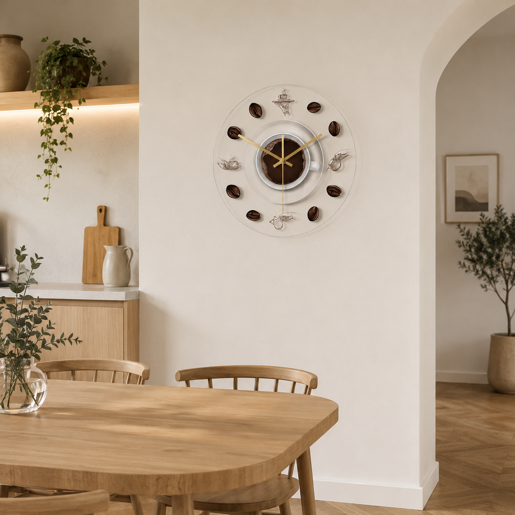 Horloge Murale Cuisine Café Acrylique 30 cm Aiguilles Métal Doré — 2 Modèles