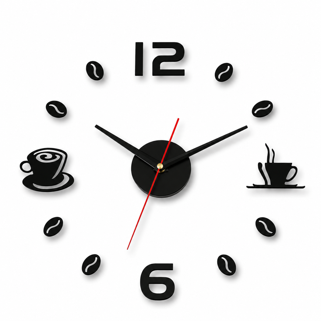 Horloge Murale DIY Café Autocollante 40 cm Mouvement Quartz Silencieux