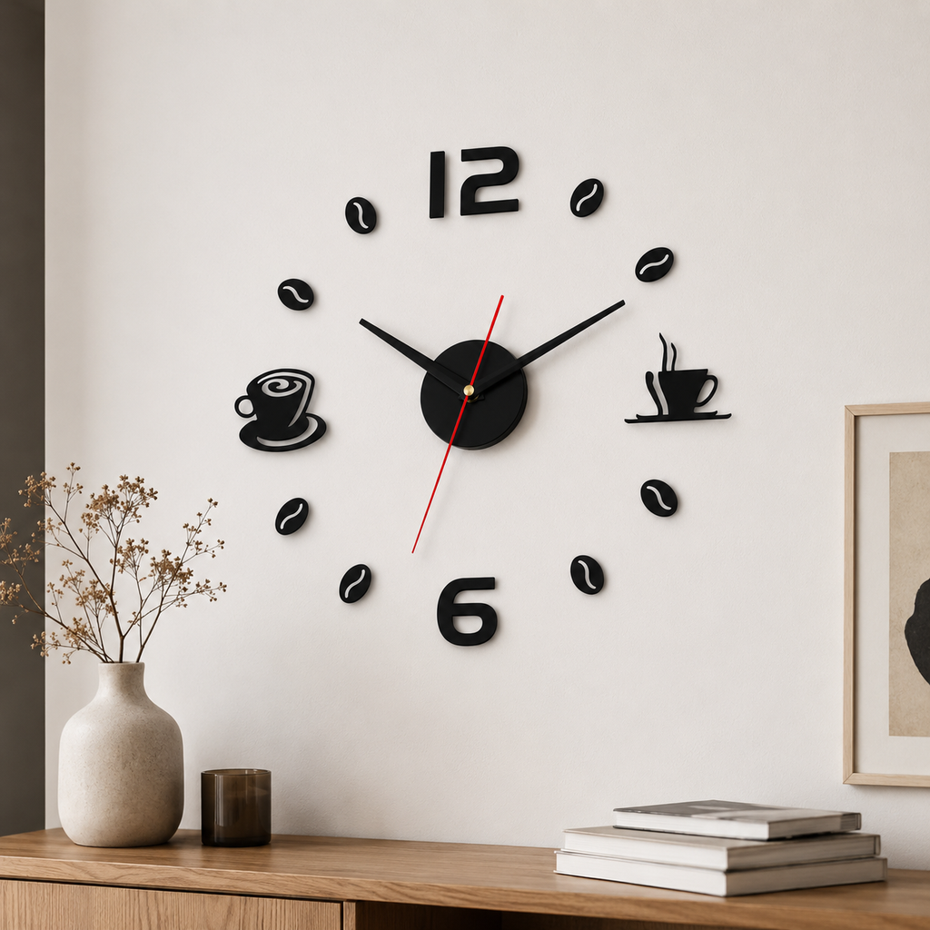 Horloge Murale DIY Café Autocollante 40 cm Mouvement Quartz Silencieux