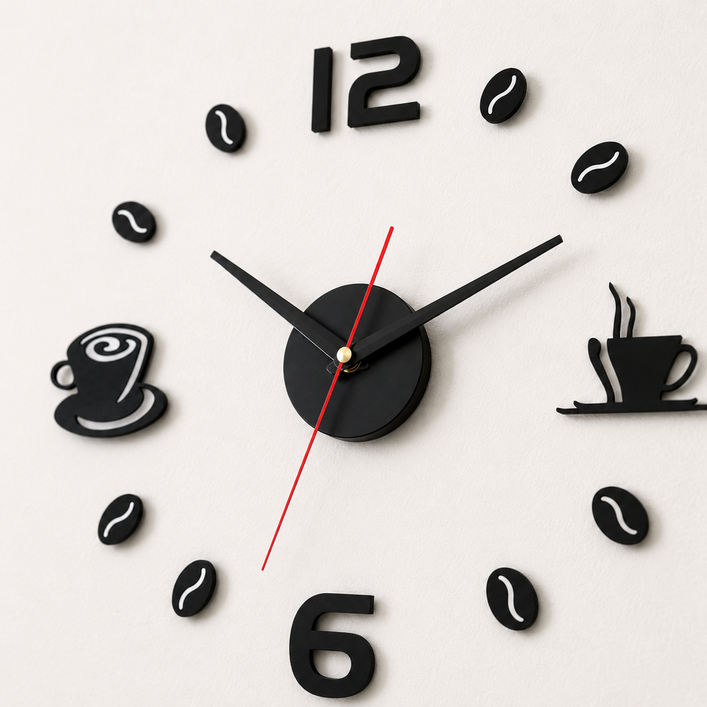 Horloge Murale DIY Café Autocollante 40 cm Mouvement Quartz Silencieux