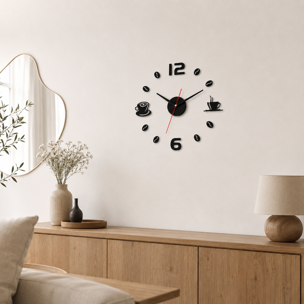 Horloge Murale DIY Café Autocollante 40 cm Mouvement Quartz Silencieux