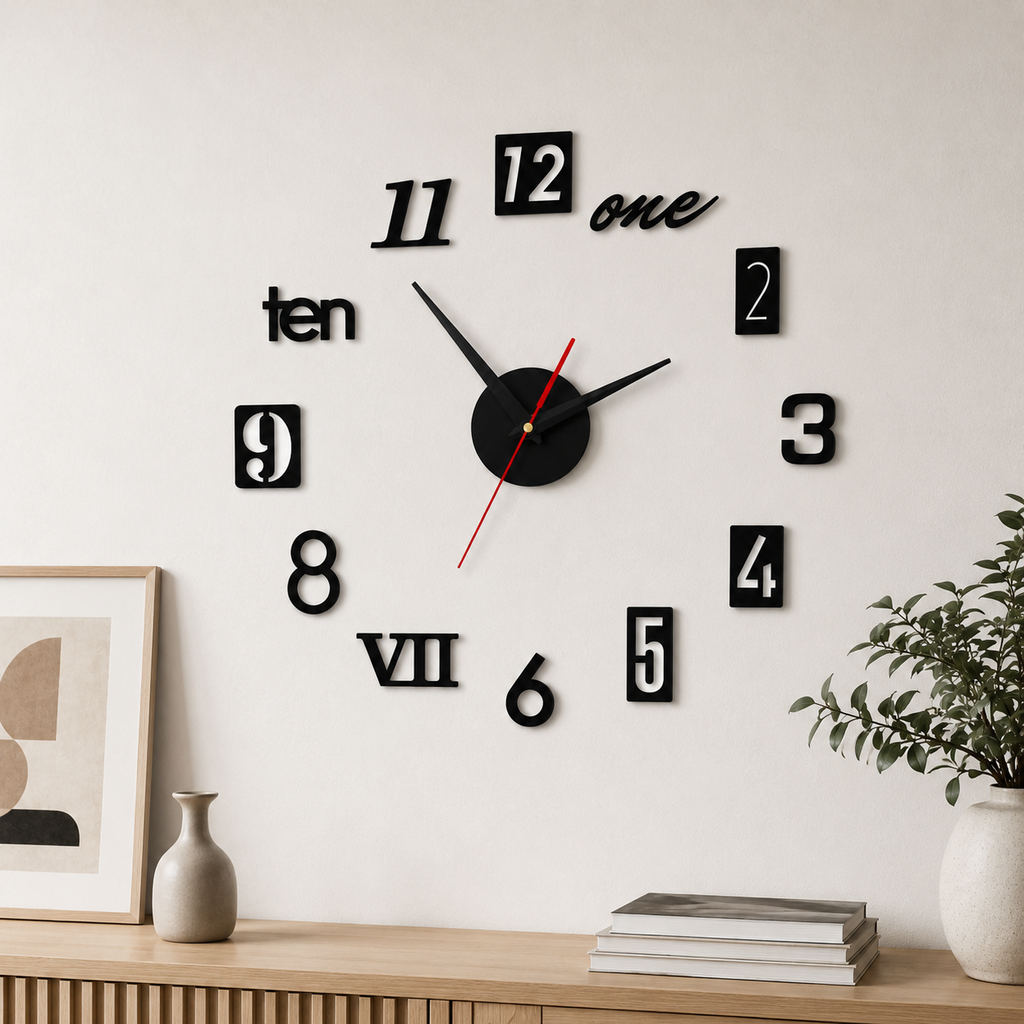 Horloge Murale DIY Autocollante Acrylique 40 cm Mouvement Quartz — 2 Modèles