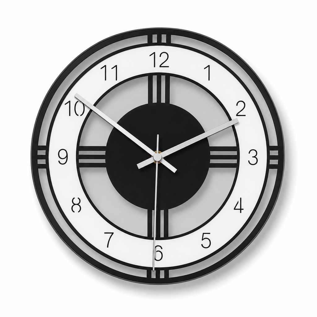 Horloge Murale Ronde Acrylique Noir et Blanc 28 cm Mouvement Quartz Silencieux