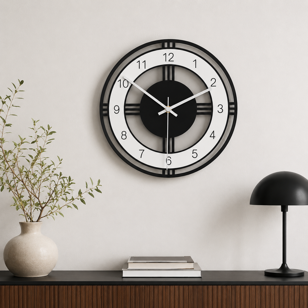 Horloge Murale Ronde Acrylique Noir et Blanc 28 cm Mouvement Quartz Silencieux