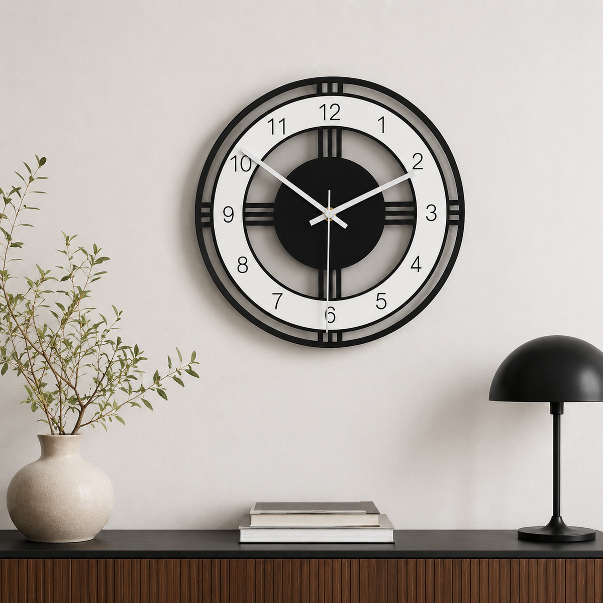 Horloge Murale Ronde Acrylique Noir et Blanc 28 cm Mouvement Quartz Silencieux