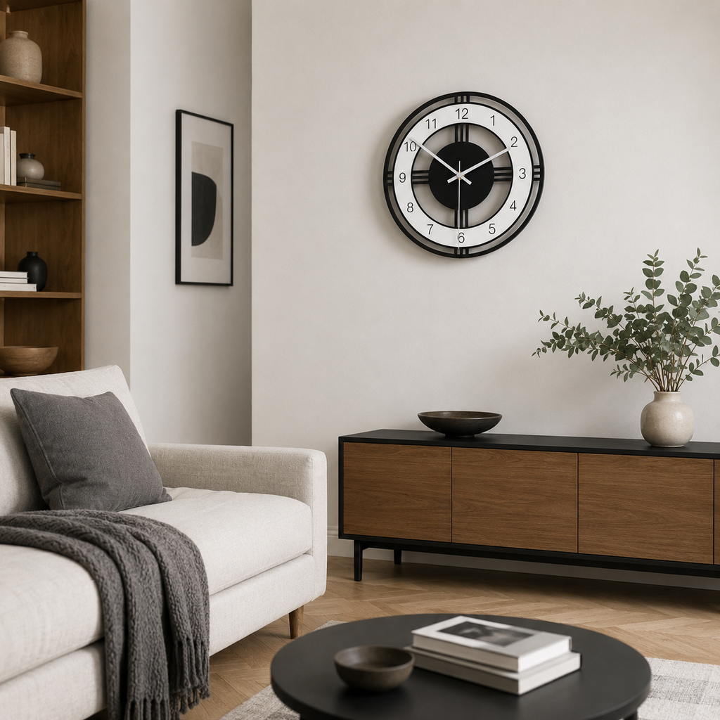 Horloge Murale Ronde Acrylique Noir et Blanc 28 cm Mouvement Quartz Silencieux