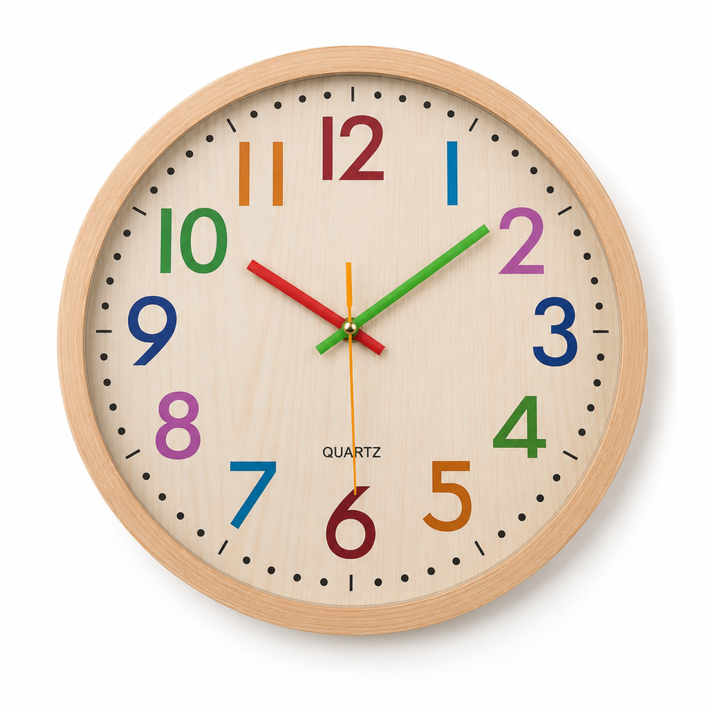 Horloge Murale Enfant Chiffres Colorés 30 cm Cadre Aspect Bois Quartz Silencieux