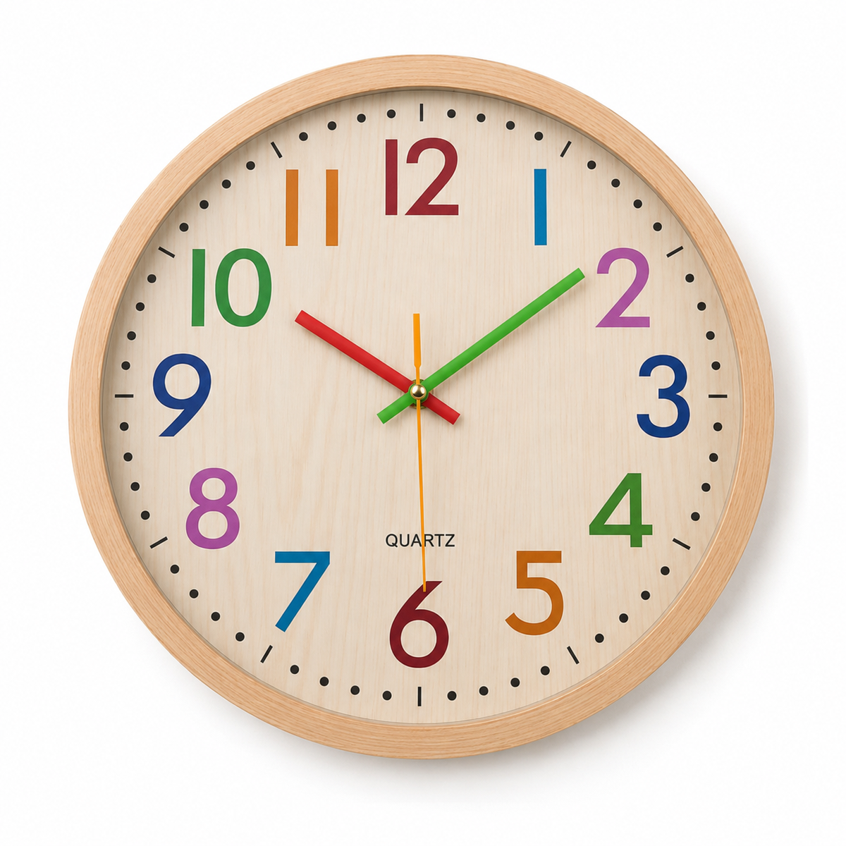 Horloge Murale Enfant Chiffres Colorés 30 cm Cadre Aspect Bois Quartz Silencieux