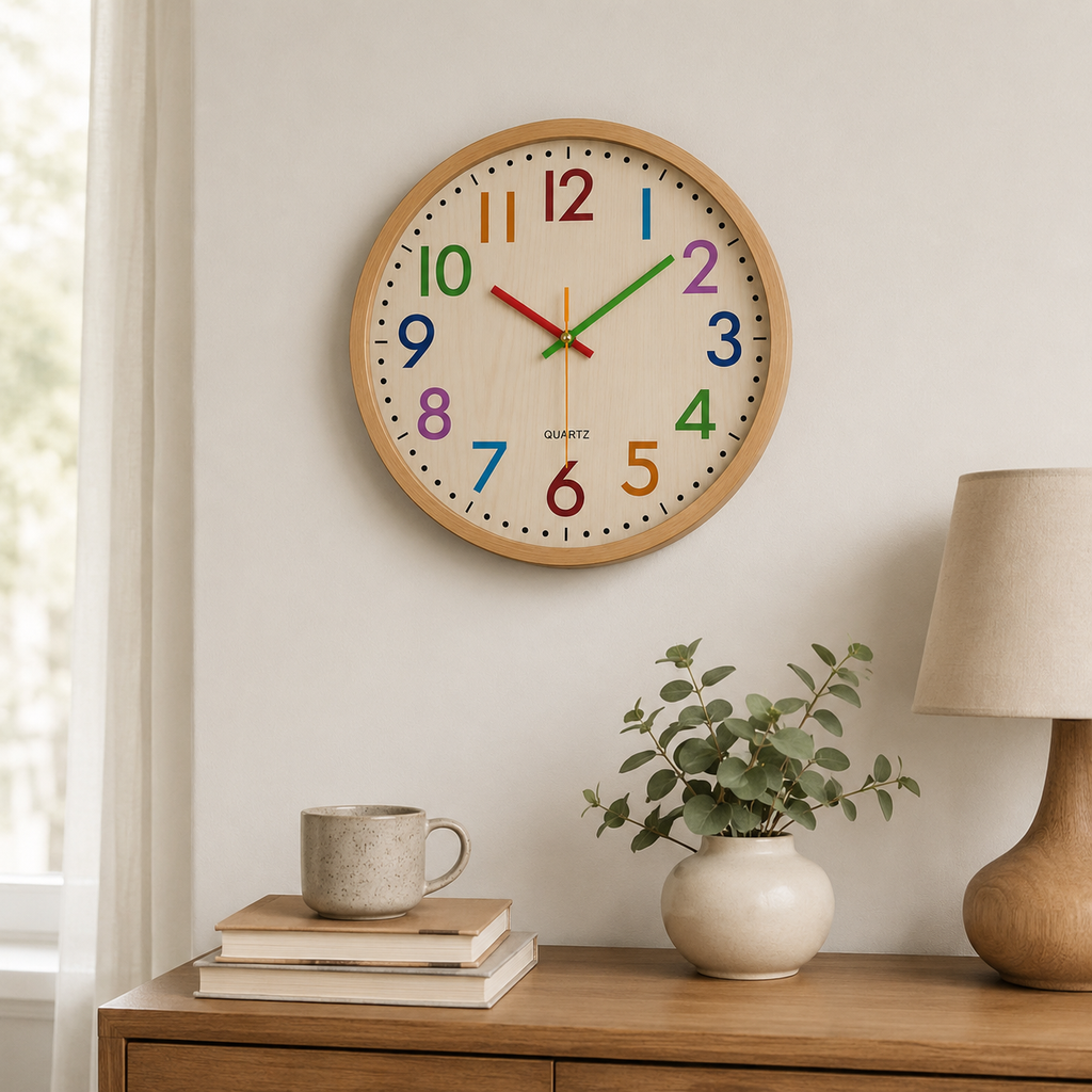 Horloge Murale Enfant Chiffres Colorés 30 cm Cadre Aspect Bois Quartz Silencieux