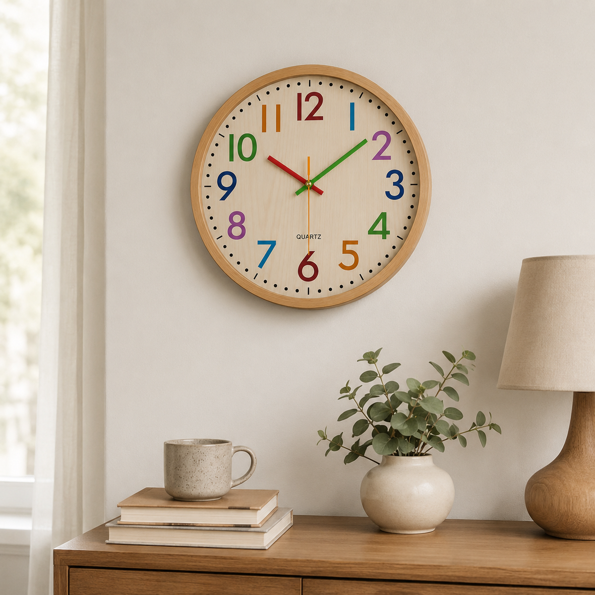 Horloge Murale Enfant Chiffres Colorés 30 cm Cadre Aspect Bois Quartz Silencieux
