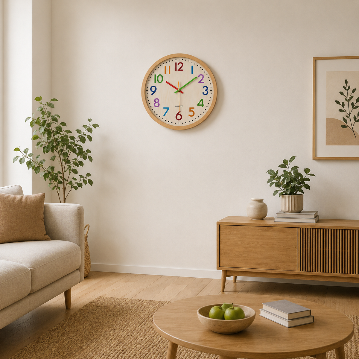Horloge Murale Enfant Chiffres Colorés 30 cm Cadre Aspect Bois Quartz Silencieux