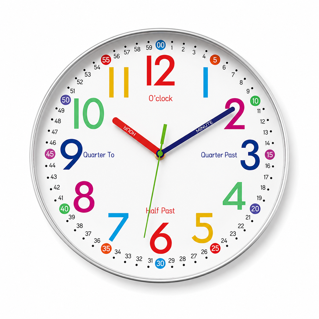 Horloge Murale Enfant Apprentissage Chiffres Colorés 20–30 cm Quartz Silencieux